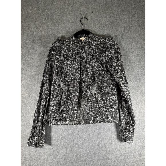 H&M Blouse Women 2 Black Long Sleeve Ruffle Micro Floral Regency Boho Coquette - Picture 1 of 7